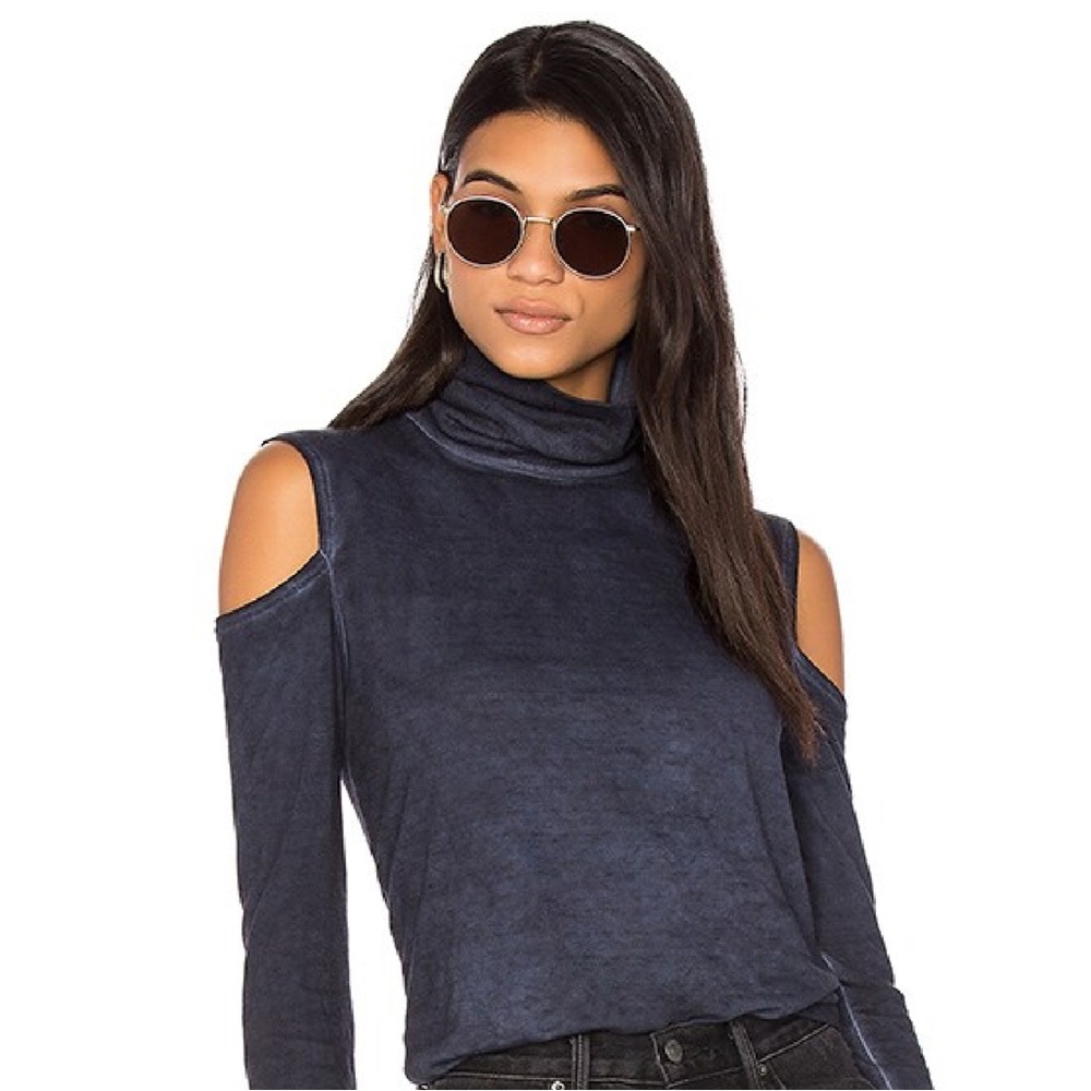 NEW With Tags! Pam & Gela, Cold Shoulder Turtleneck top. Color: Oil Navy. Large